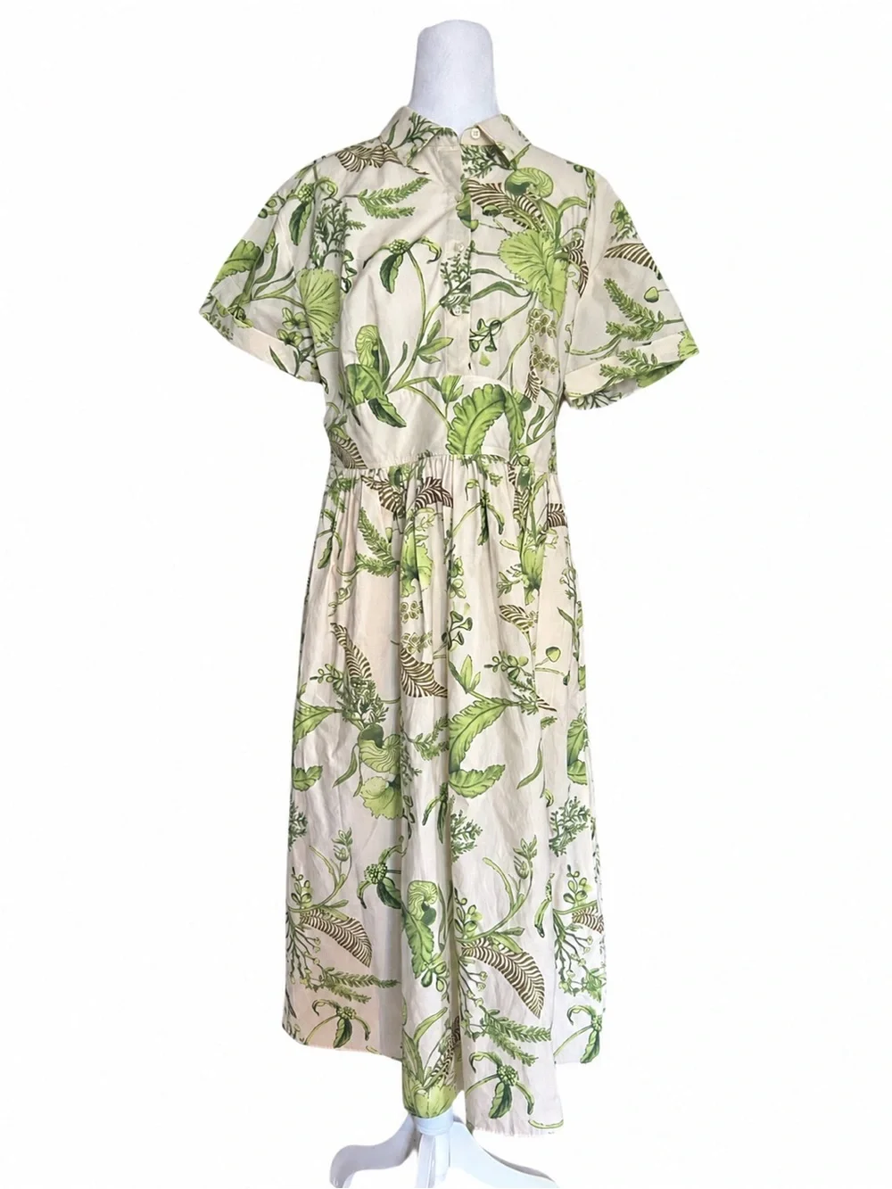 Talbots Modern Poplin Smocked Midi Shirt Dress 12P Branching Floral Green Cotton